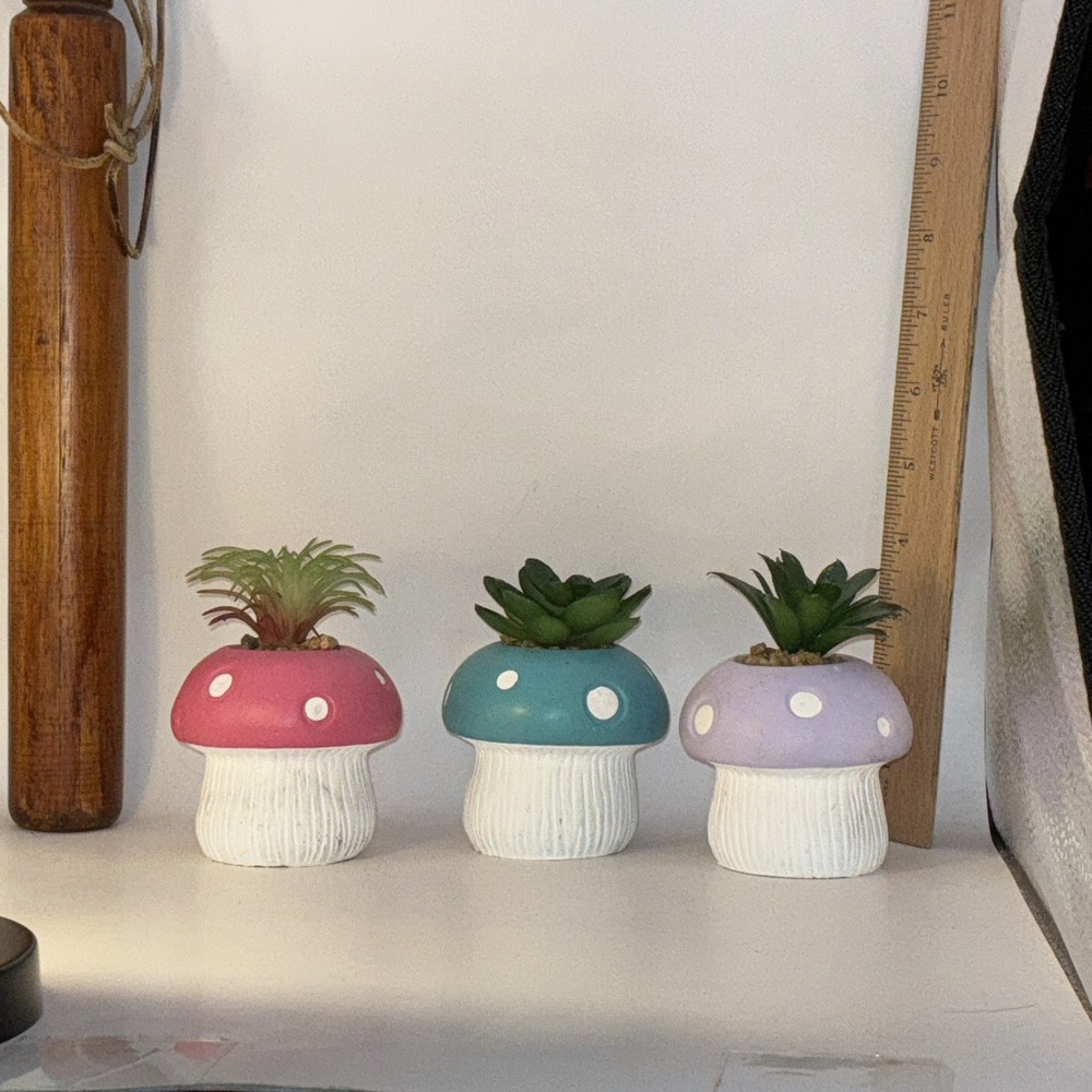 Set Of 3 Resin Mushrooms With Plastic Air Plants 4" X 3" - Picture 2 of 5